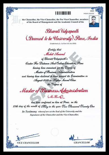 Sample Bharati Vidyapeeth MBA degree certificate